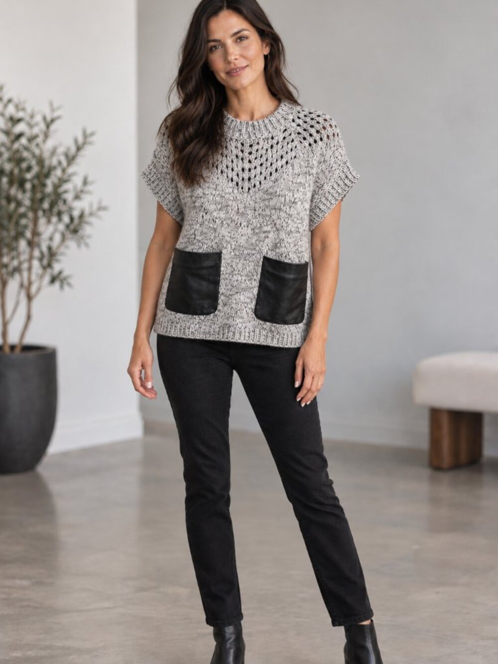 Sanctuary Short Sleeve Sweater Oversized Wool Blend Leather Pockets Gray Size XS